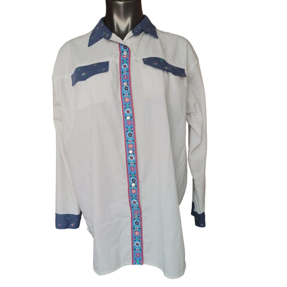 Vintage Blast Blues Women's Embroidered Tapestry Long Sleeve Button Up Shirt M